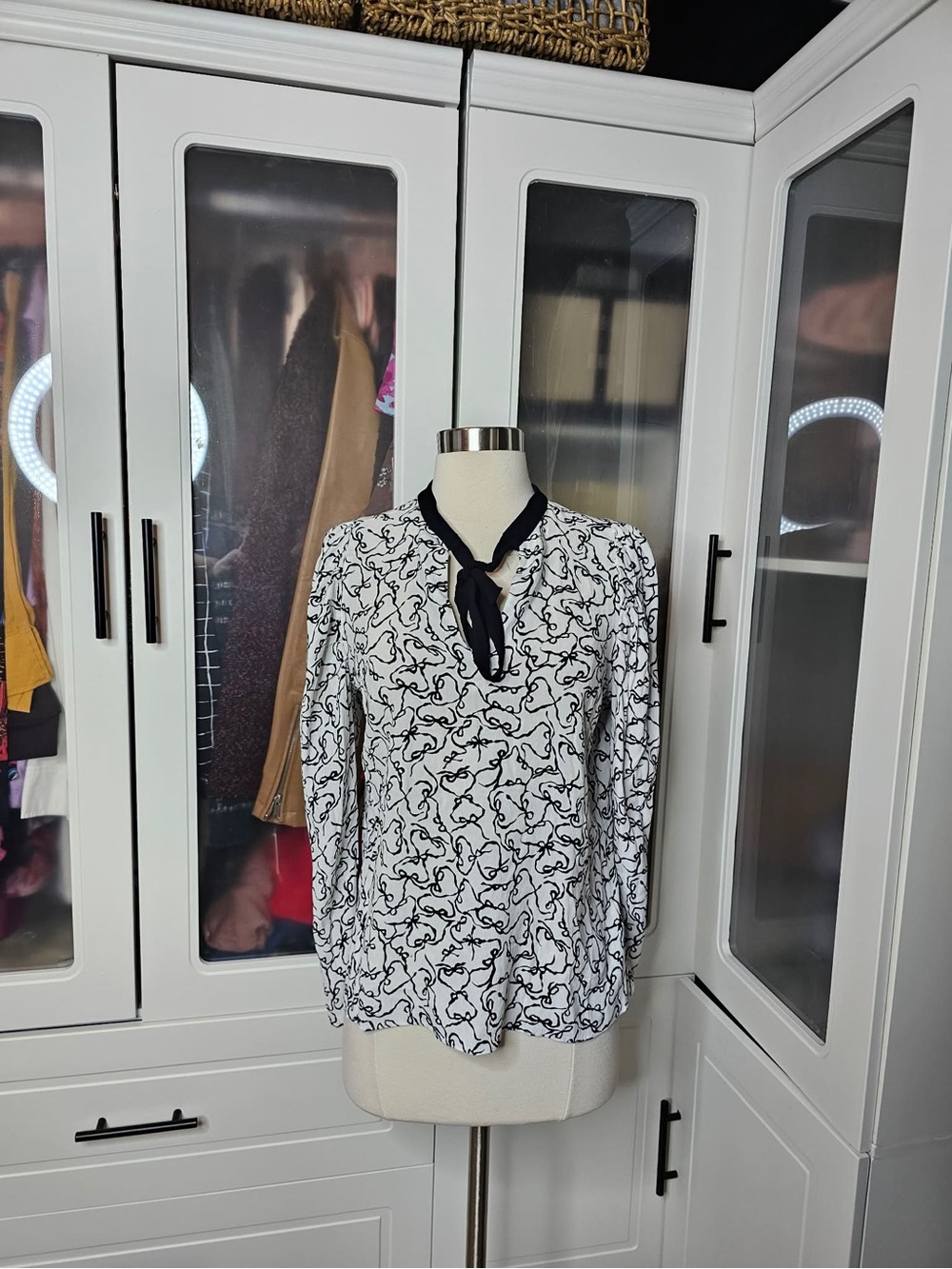 Ted Baker Black and White Knot-Neck Printed Blouse